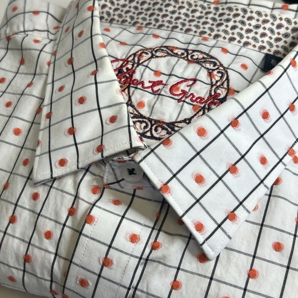 Robert Graham XL Short Sleeve Button Up Shirt Check Dot White Black Orange